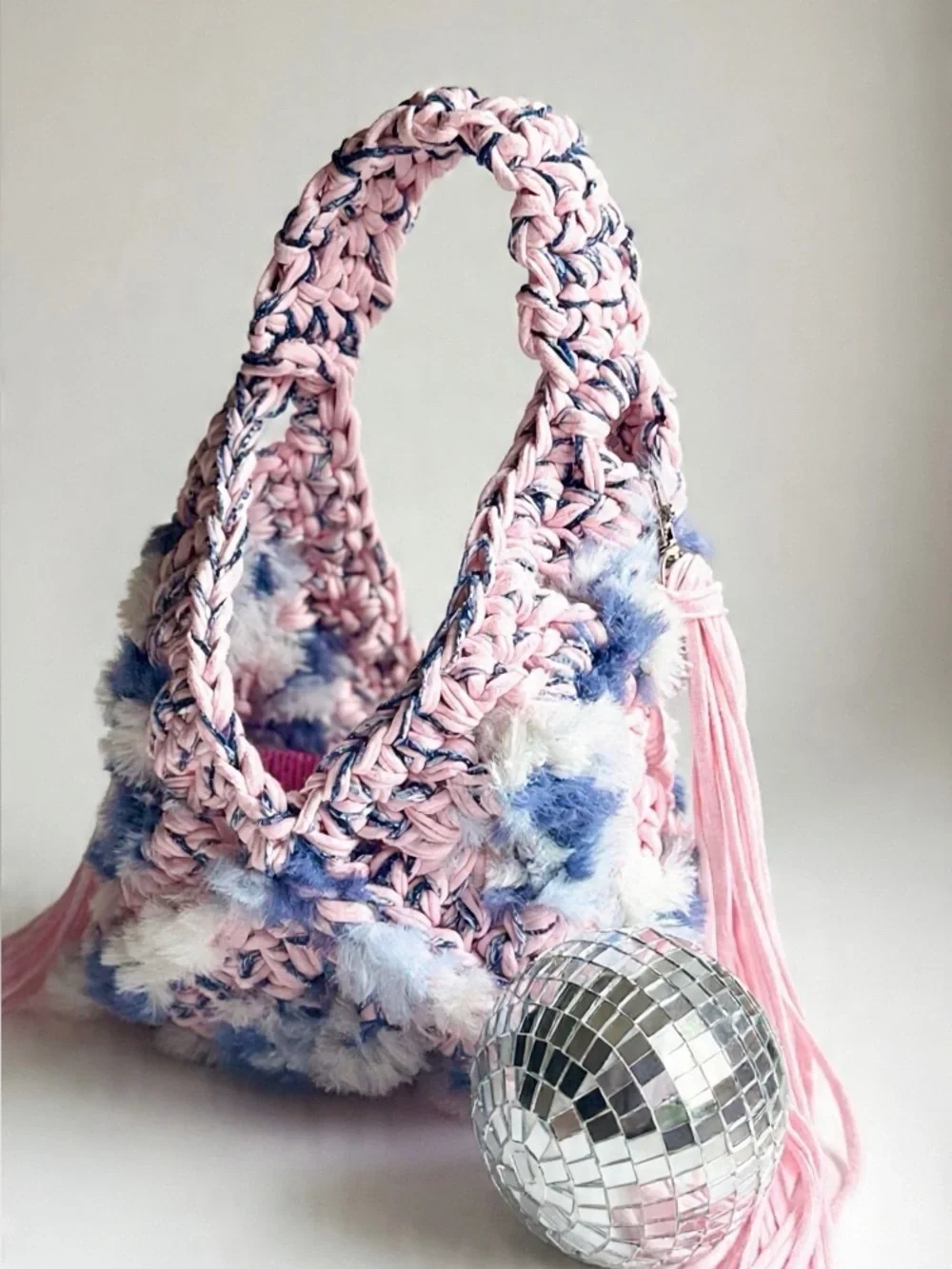 The TRIANGLE Crochet Top-Handle Bag — Pink & Blue with Fringe